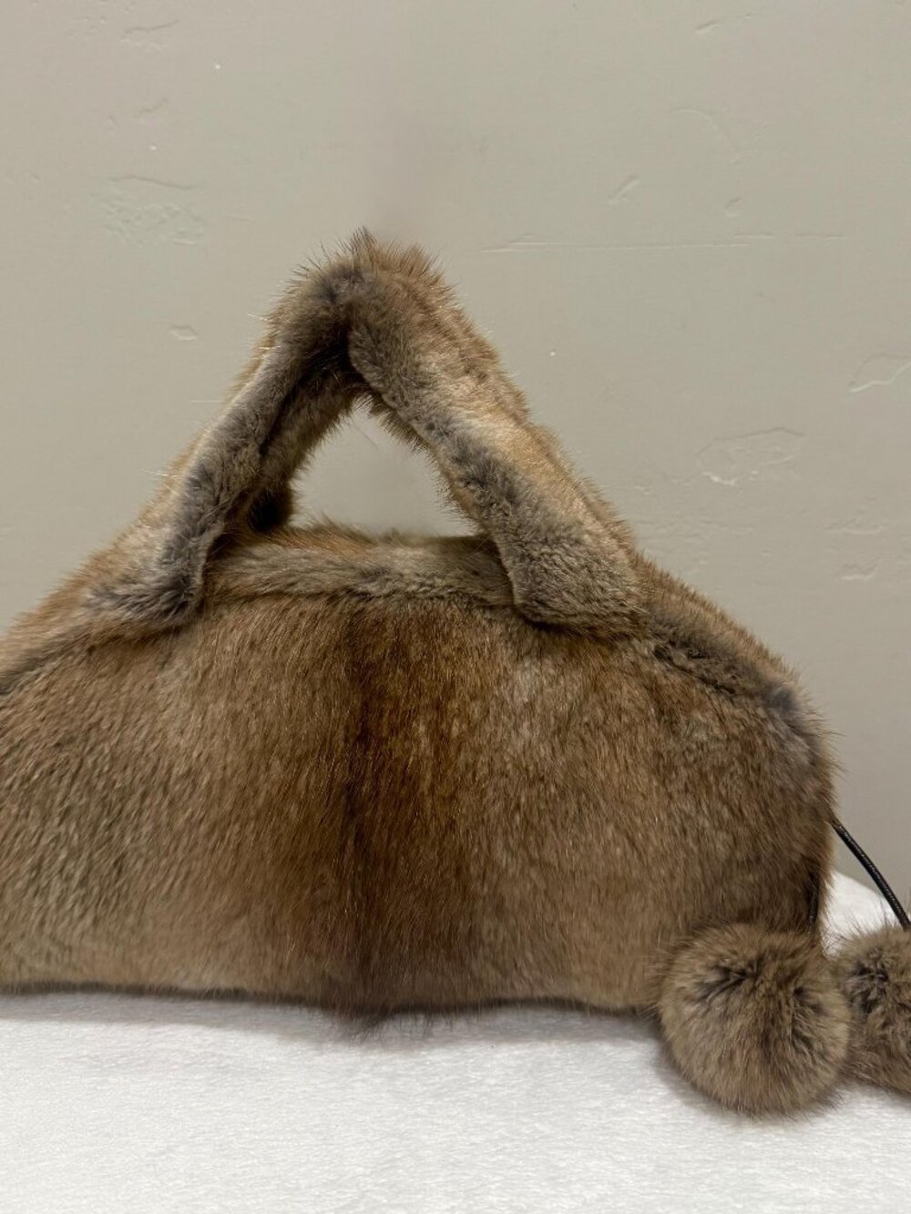 Natural Muskrat Fur Handmade Baguette Bag with Pom-Pom Charm, Crossbody